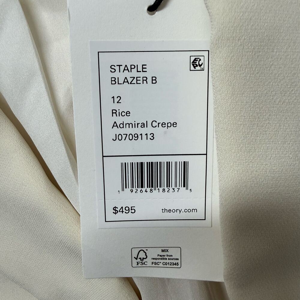 Theory Staple Blazer Admiral Crepe Rice Ivory Women’s Size 12 NWT - Picture 5 of 9